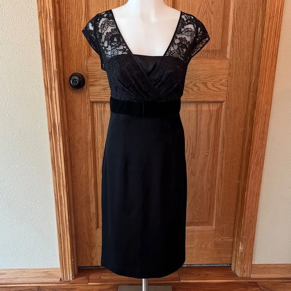 BANANA REPUBLIC Black Lace Cap Sleeve Velvet Bow Midi Cocktail Dress